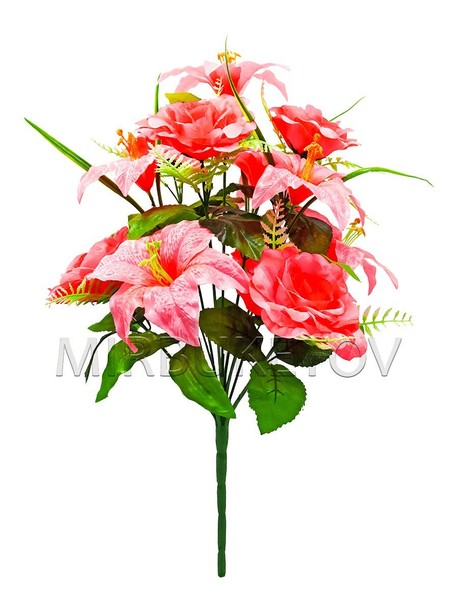 Искусственные цветы Букет Роза гофре и Лилия, 13 голов, 650 мм