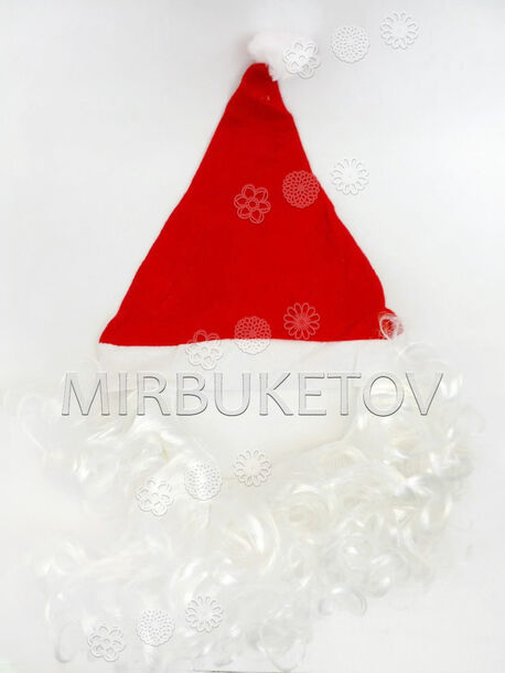 Новогодняя шапка Деда Мороза, с помпоном и бородой, красная