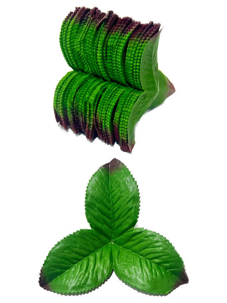 Штучний лист підставка потрійний, зелений з коричневим краєм, 150 мм